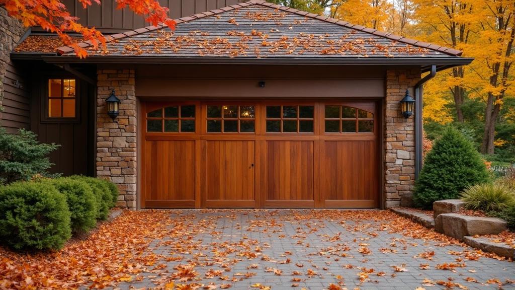 Residential garage with wooden door surrounded by fall leaves