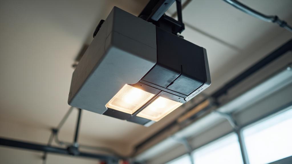 Modern garage door opener motor unit mounted on ceiling with LED lighting