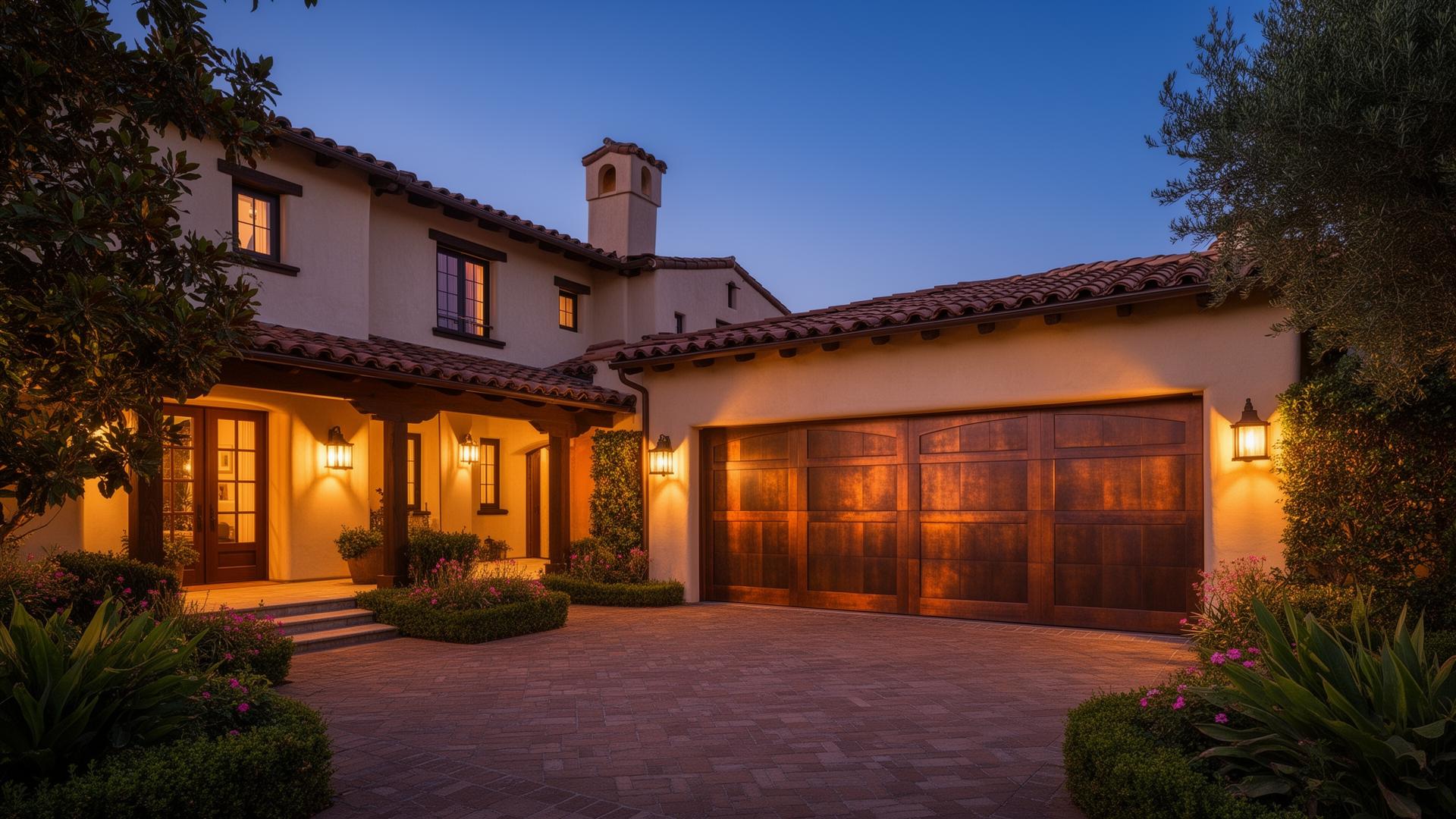 Luxury copper-clad garage door on Spanish revival home at dusk