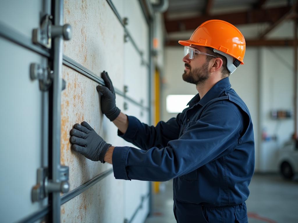 Professional garage door technician installing insulation panels